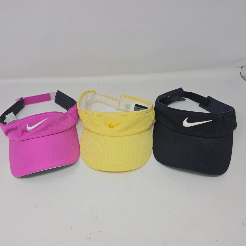 Nike Golf Visors Lot of 3 Pink Yellow Black Adjustable Swoosh Logo golf Hats